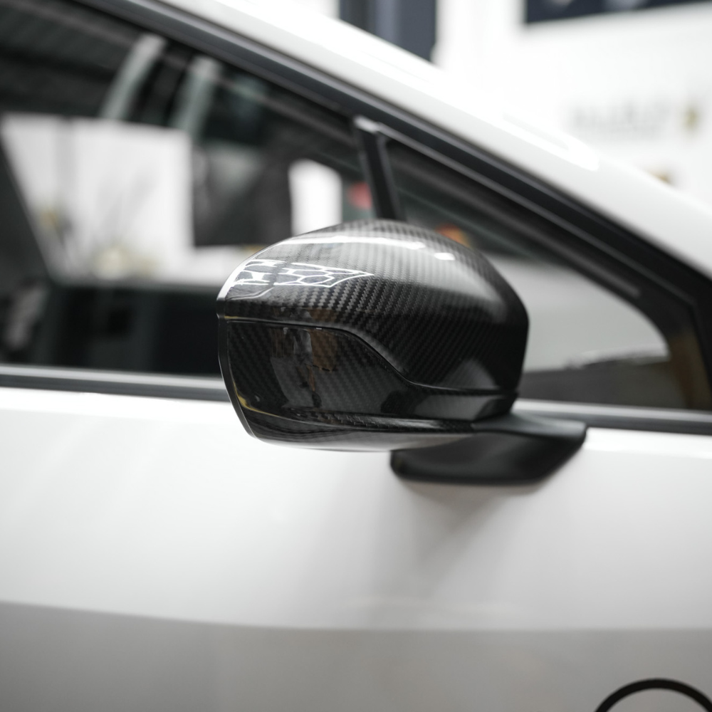 JDMuscle [22-25 WRX w/o Turn Signal] Tanso Dry Carbon Fiber Side Mirror Lower Trim Covers w/ Gloss Finish