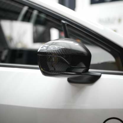 JDMuscle [22-25 WRX w/o Turn Signal] Tanso Dry Carbon Fiber Side Mirror Lower Trim Covers w/ Gloss Finish