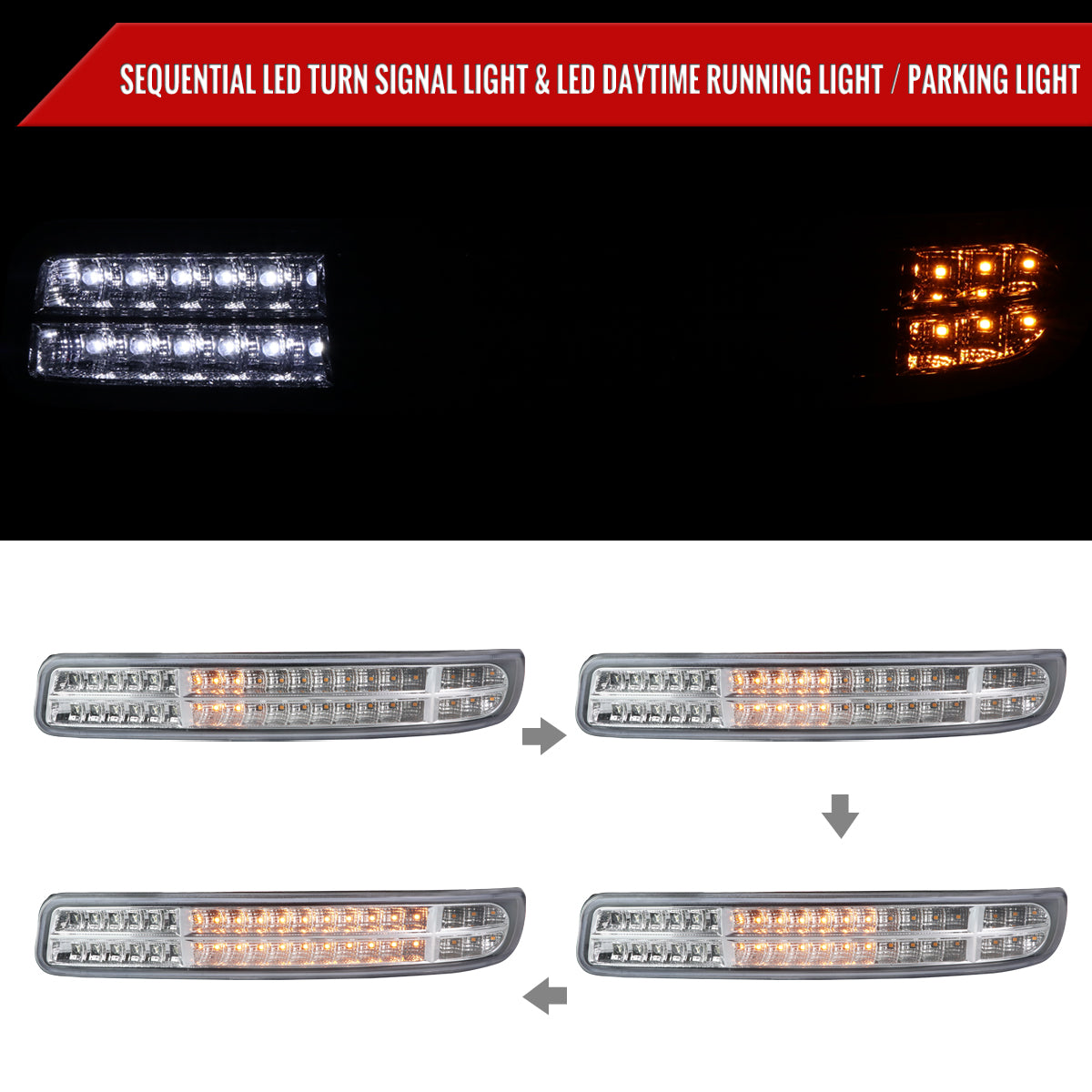 1999-2007 GMC Sierra/Yukon/Yukon XL Bumper Lights w/ Sequential Turn Signal Lights (Chrome Housing/Clear Lens)
