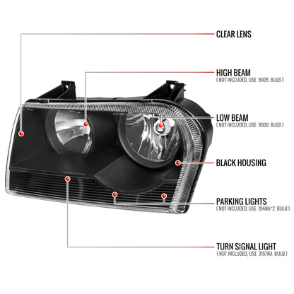 2005-2010 Chrysler 300 Factory Style Headlights (Matte Black Housing/Clear Lens)