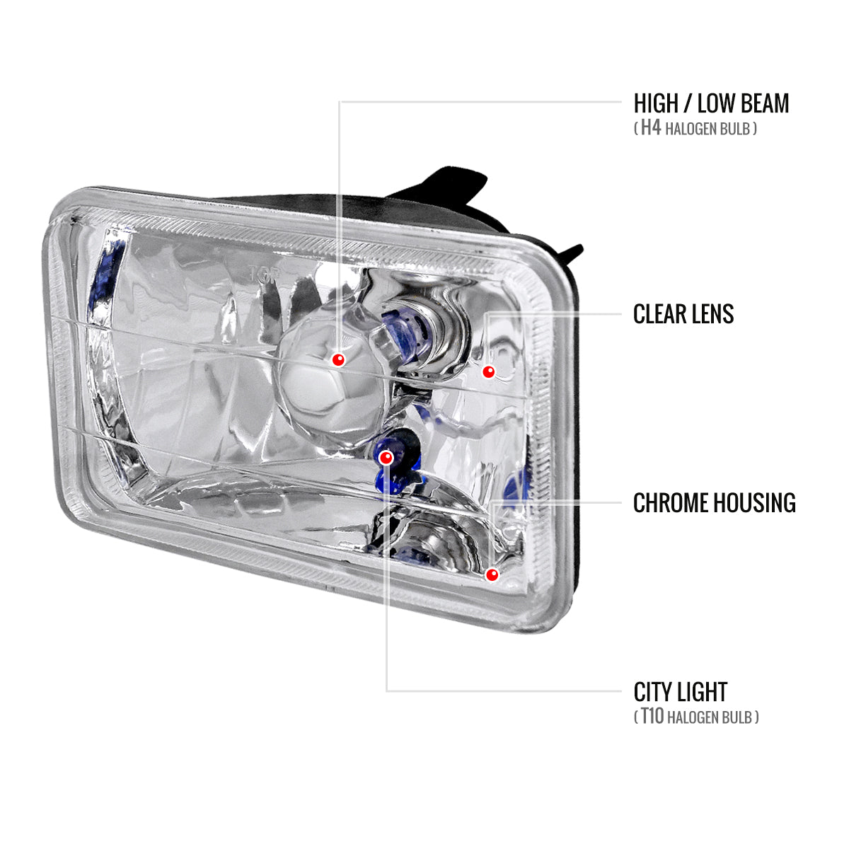 Universal 4"x6" H4 Crystal Headlights (Chrome Housing/Glass Lens)