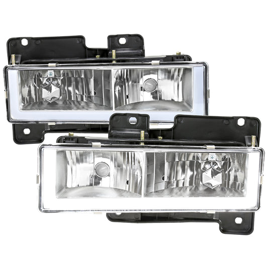1988-1998 Chevrolet C/K C10/Tahoe/Suburban/Silverado GMC Sierra/Yukon/Suburban LED Bar Crystal Headlights (Chrome Housing/Clear Lens)