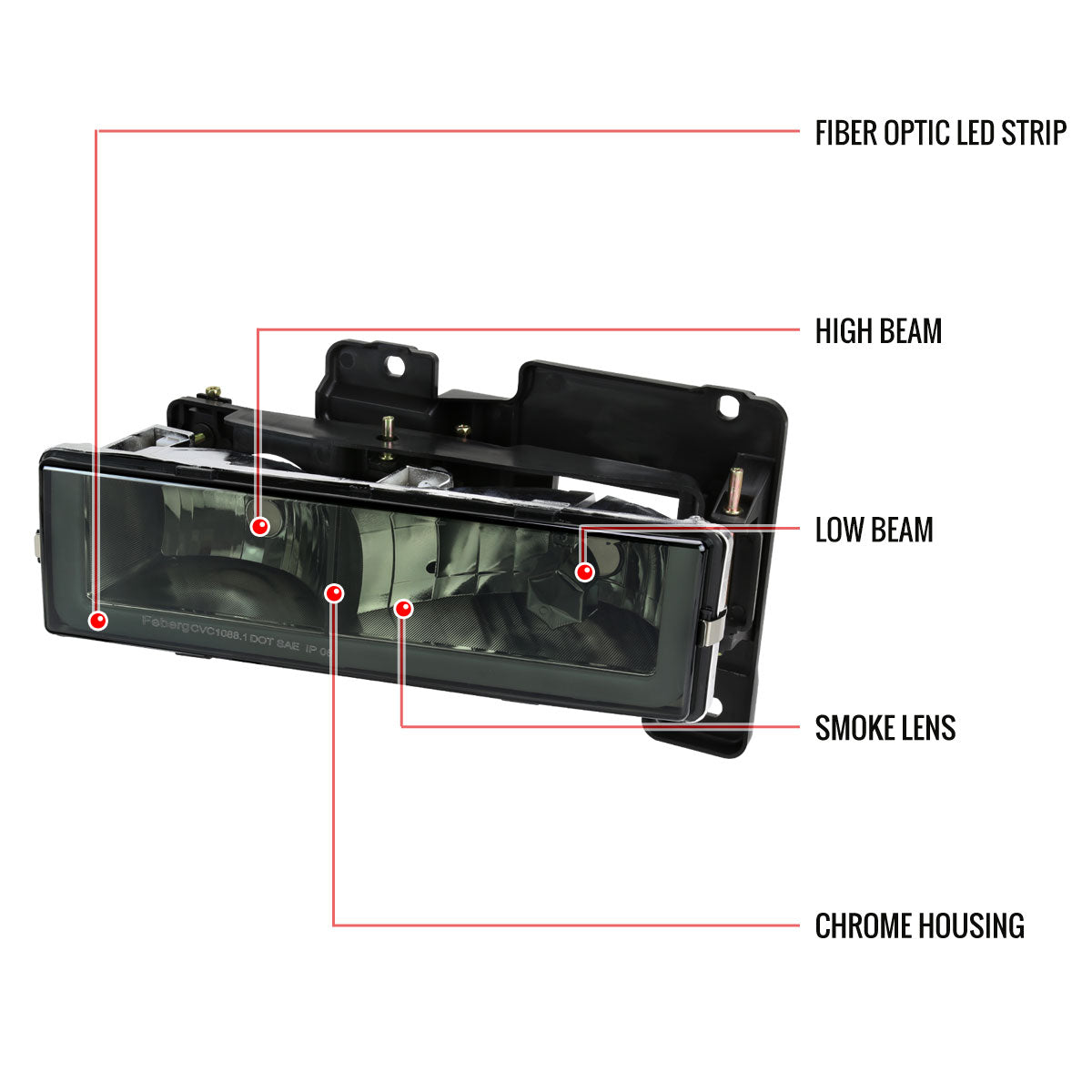 1988-1998 Chevrolet C/K C10/Tahoe/Suburban/Silverado GMC Sierra/Yukon/Suburban LED Bar Crystal Headlights (Chrome Housing/Smoked Lens)