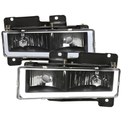 1988-1998 Chevrolet C/K C10/Tahoe/Suburban/Silverado GMC Sierra/Yukon/Suburban LED Bar Crystal Headlights (Matte Black Housing/Clear Lens)