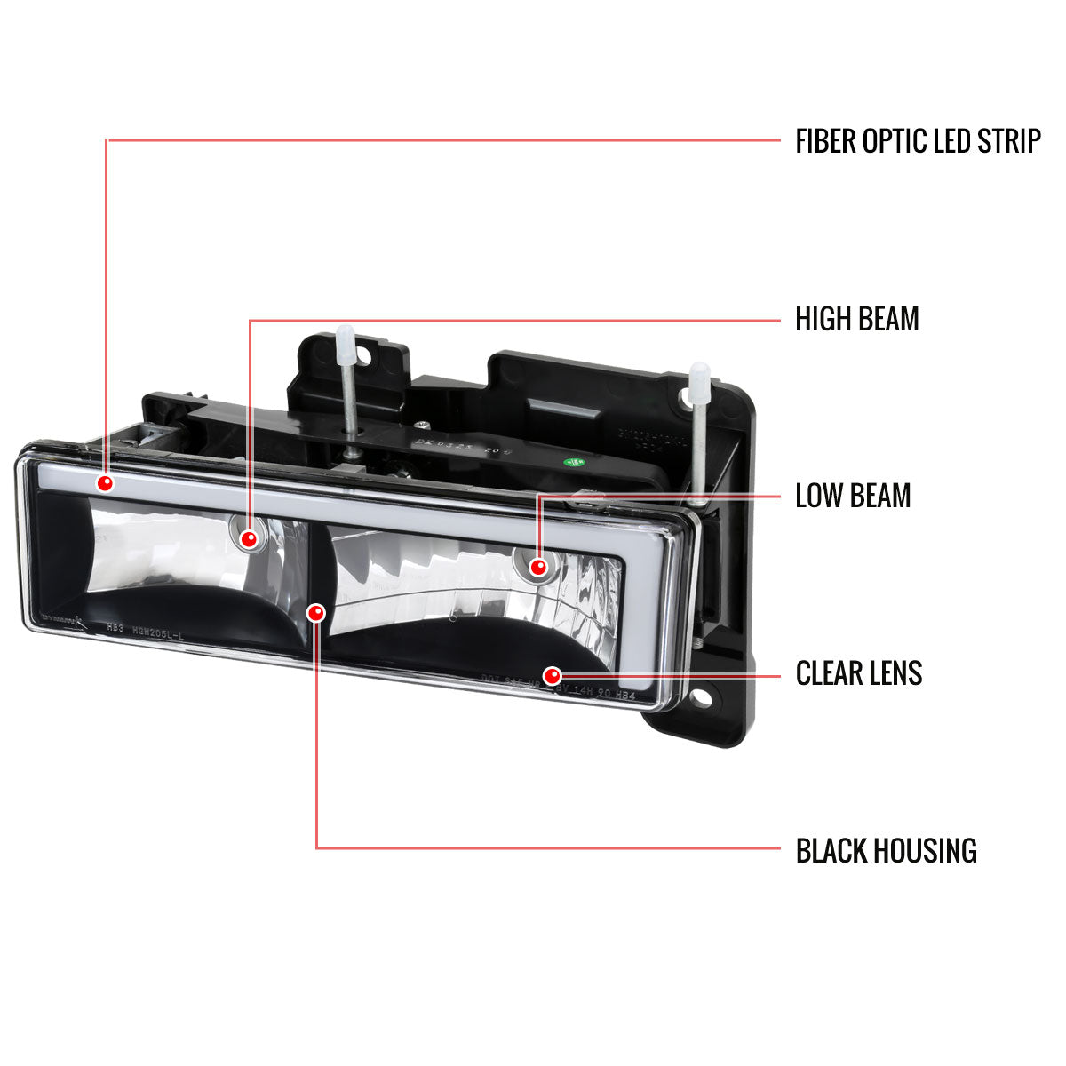 1988-1998 Chevrolet/GMC C10 C/K LED Strip Factory Style Headlights (Matte Black Housing/Clear Lens)