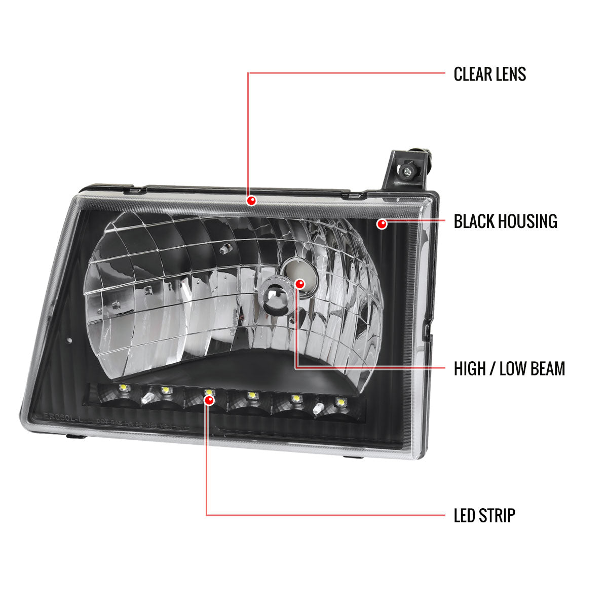 1992-2006 Ford Econoline Factory Style Headlights w/ SMD LED Light Strip (Matte Black Housing/Clear Lens)