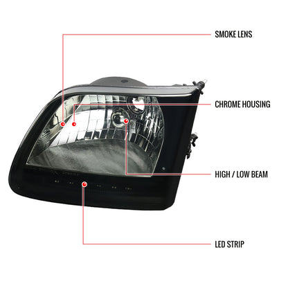 1997-2004 Ford F-150/Expedition Factory Style Headlights w/ SMD LED Light Strip (Chrome Housing/Smoked Lens)