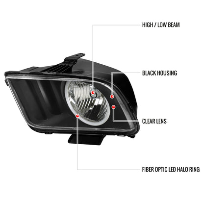 2005-2009 Ford Mustang LED Halo Factory Style Headlights (Matte Black Housing/Clear Lens)