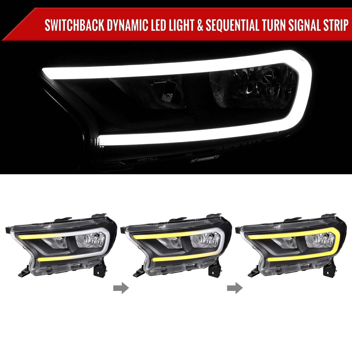2019-2023 Ford Ranger XL XLT Factory Style Replacement Headlights with LED Bar Turn Signal (Matte Black Housing/Clear Lens)