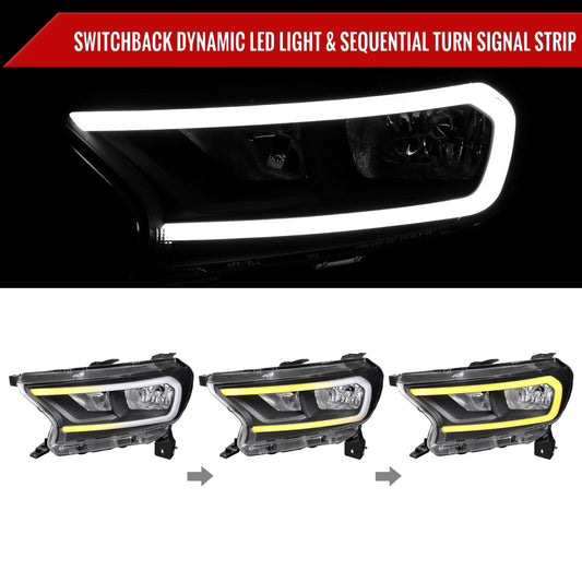 2019-2023 Ford Ranger XL XLT Factory Style Replacement Headlights with LED Bar Turn Signal (Matte Black Housing/Clear Lens)