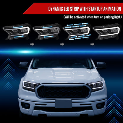 2019-2023 Ford Ranger XL XLT Factory Style Replacement Headlights with LED Bar Turn Signal (Matte Black Housing/Clear Lens)