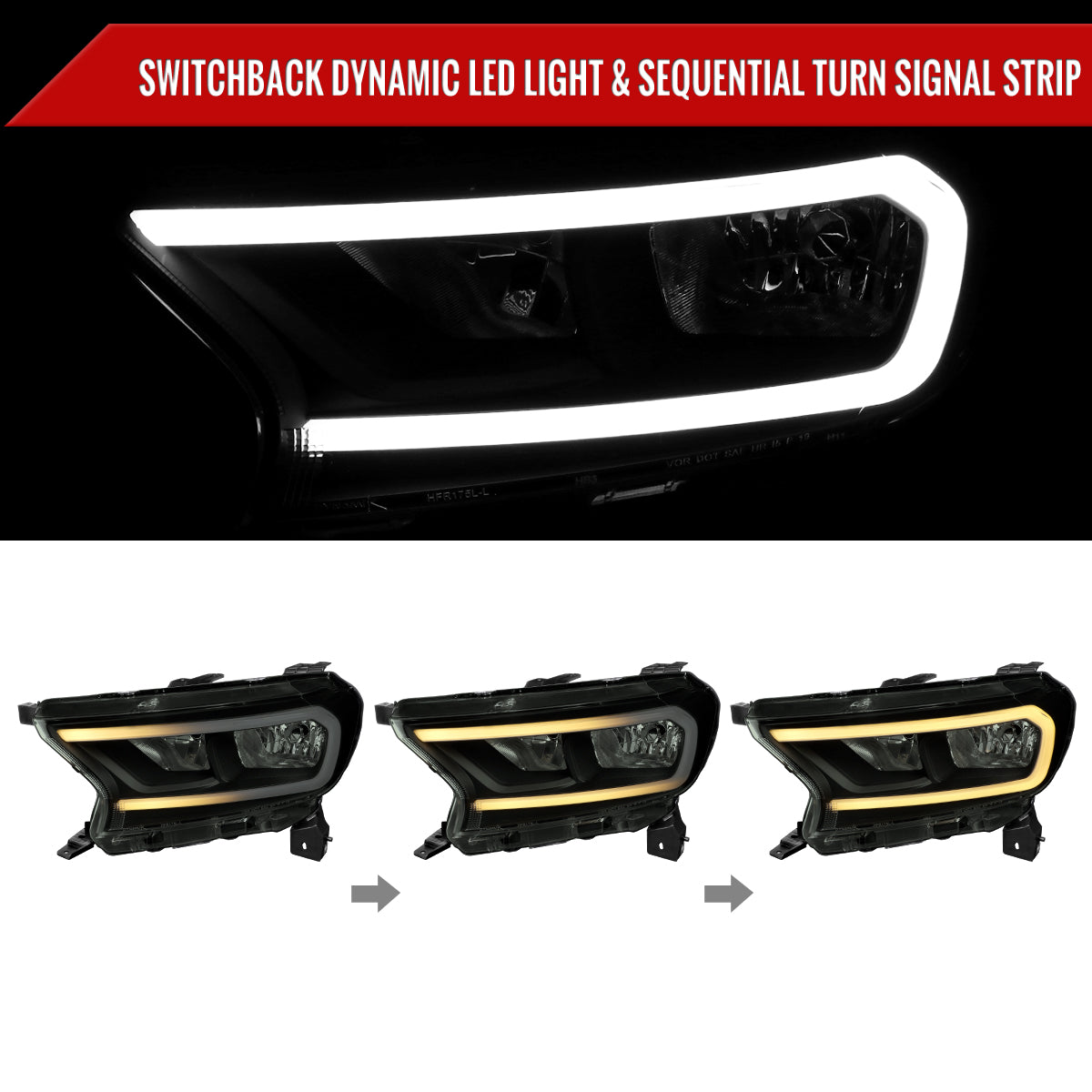 2019-2023 Ford Ranger XL XLT Factory Style Replacement Headlights with LED Bar Turn Signal (Glossy Black Housing / Smoked Lens)