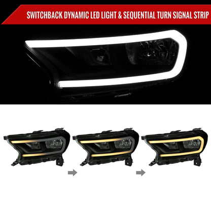 2019-2023 Ford Ranger XL XLT Factory Style Replacement Headlights with LED Bar Turn Signal (Glossy Black Housing / Smoked Lens)