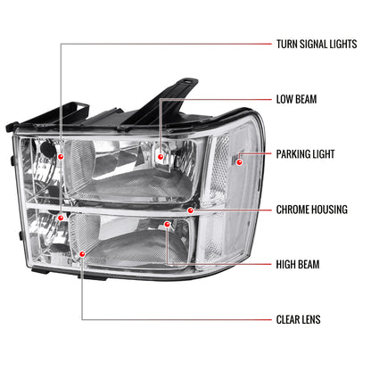 2007-2014 GMC Sierra Factory Style Headlights Clear Reflector (Chrome Housing/Clear Lens)