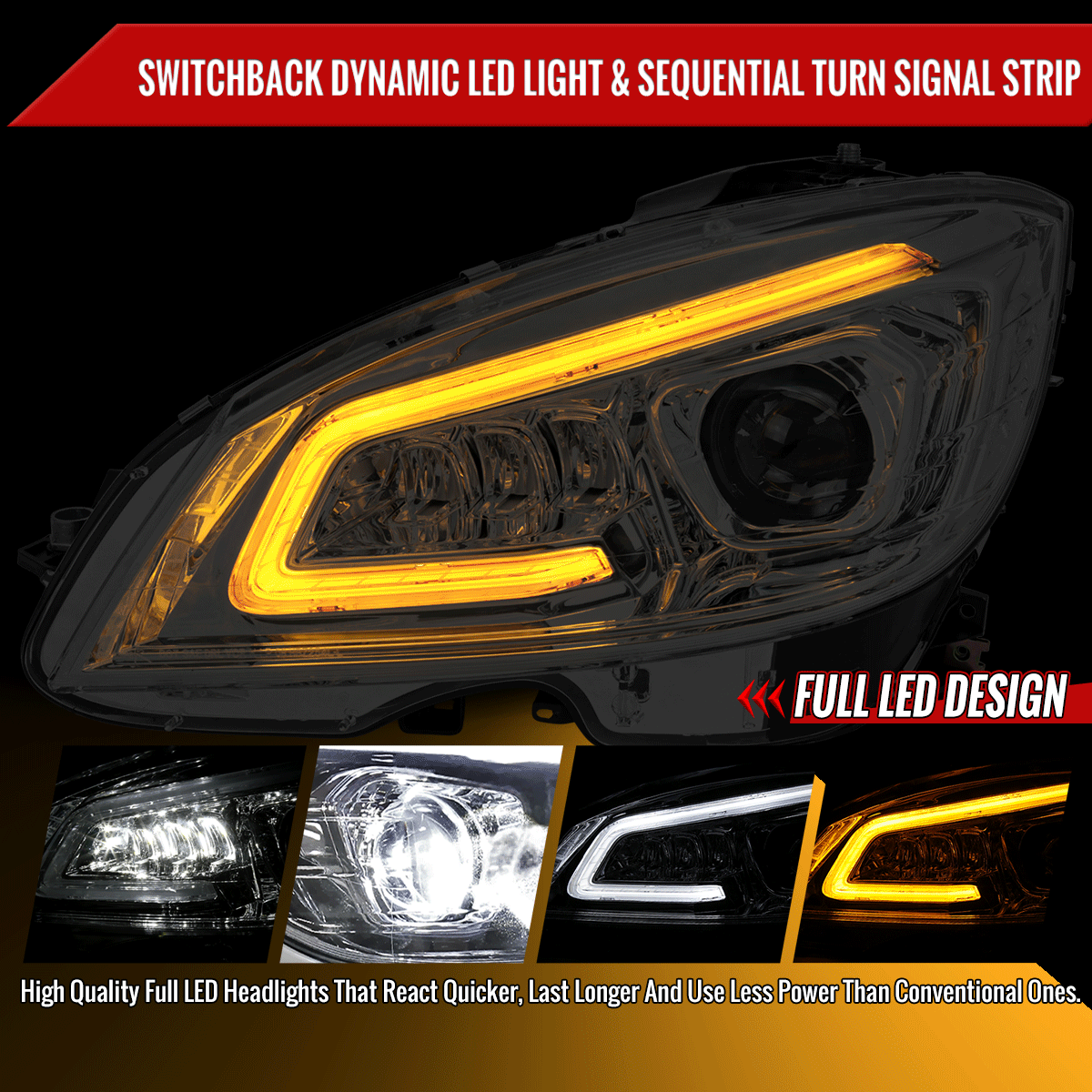 2008-2011 Mercedes Benz W204 C-Class Switchback Sequential Full LED Projector Headlights (Chrome Housing/Clear Lens)