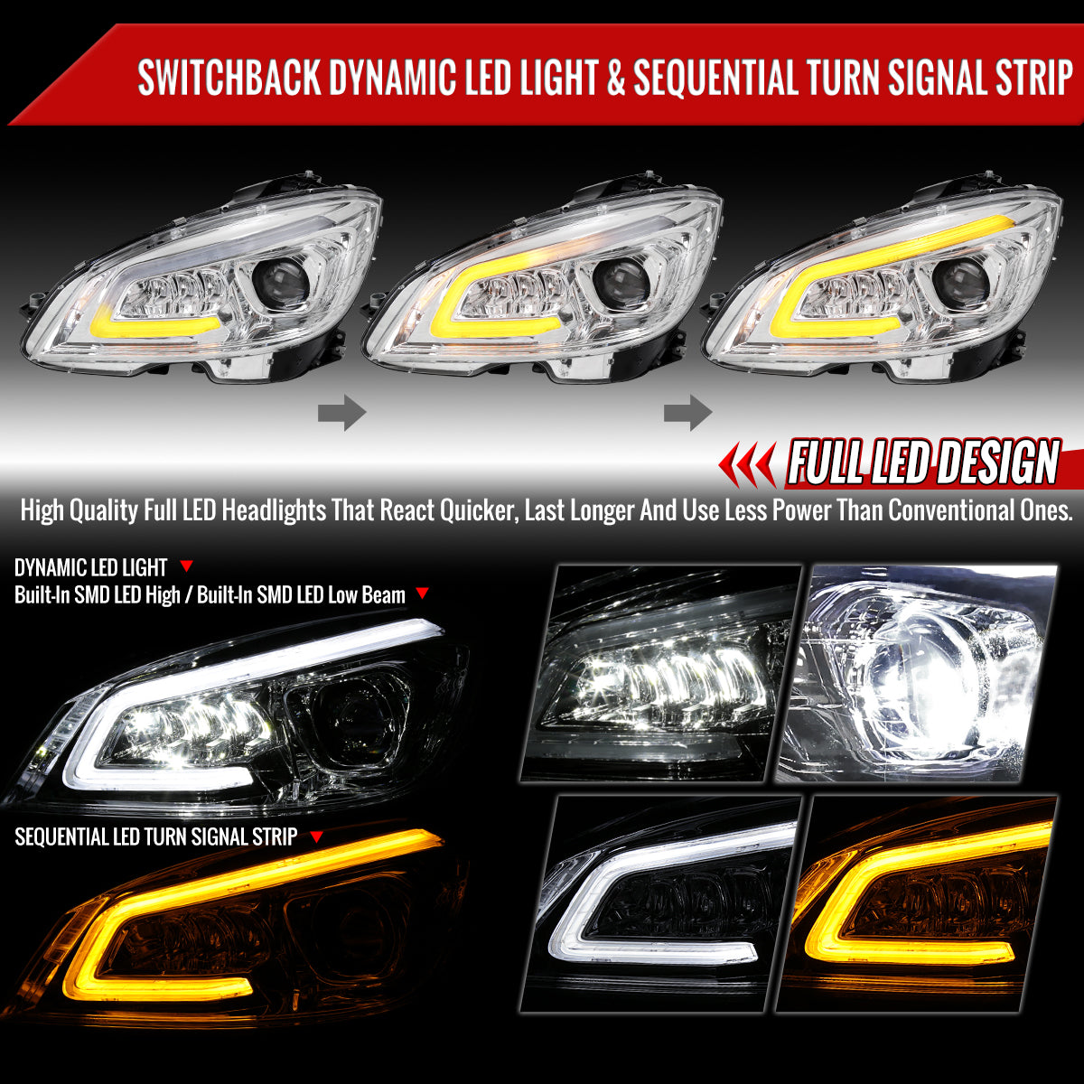 2008-2011 Mercedes Benz W204 C-Class Switchback Sequential Full LED Projector Headlights (Chrome Housing/Clear Lens)