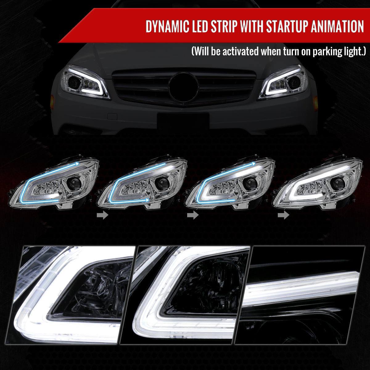 2008-2011 Mercedes Benz W204 C-Class Switchback Sequential Full LED Projector Headlights (Chrome Housing/Clear Lens)