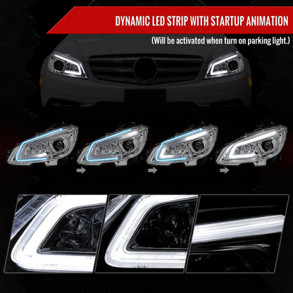 2008-2011 Mercedes Benz W204 C-Class Switchback Sequential Full LED Projector Headlights (Chrome Housing/Clear Lens)