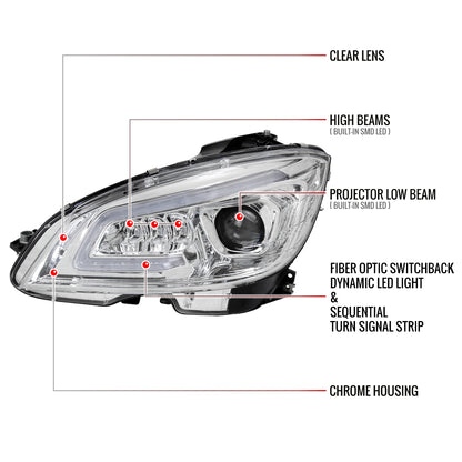 2008-2011 Mercedes Benz W204 C-Class Switchback Sequential Full LED Projector Headlights (Chrome Housing/Clear Lens)