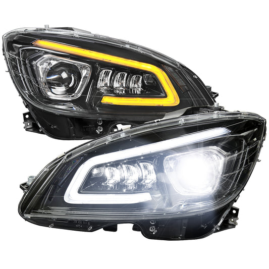 2008-2011 Mercedes Benz W204 C-Class Switchback Sequential Full LED Projector Headlights (Matte Black Housing/Clear Lens)
