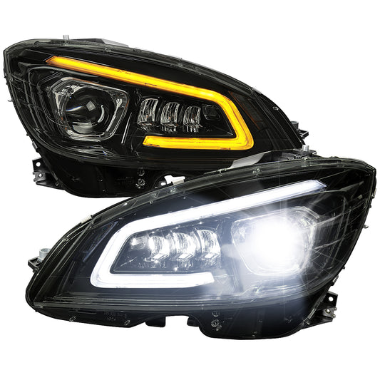 2008-2011 Mercedes Benz W204 C-Class Switchback Sequential Full LED Projector Headlights (Matte Black Housing/Smoked Lens)