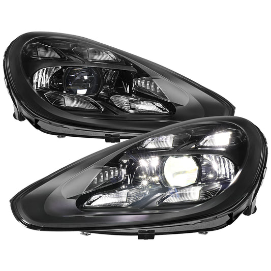 2015-2017 Porsche Cayenne 958.2 LED Projector Headlights w/ DRL for non-Dynamic Function  (Matte Black Housing / Glossy Black Accents / Clear Lens)