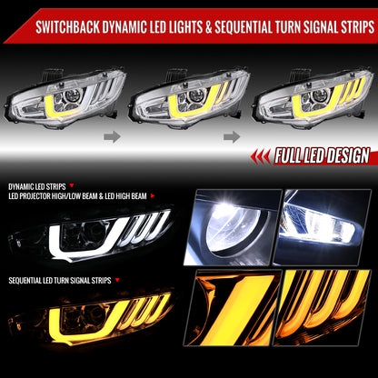 2016-2021 Honda Civic Full LED Projector Headlights w/ Switchback Sequential Turn Signal (Chrome Housing/Clear Lens)