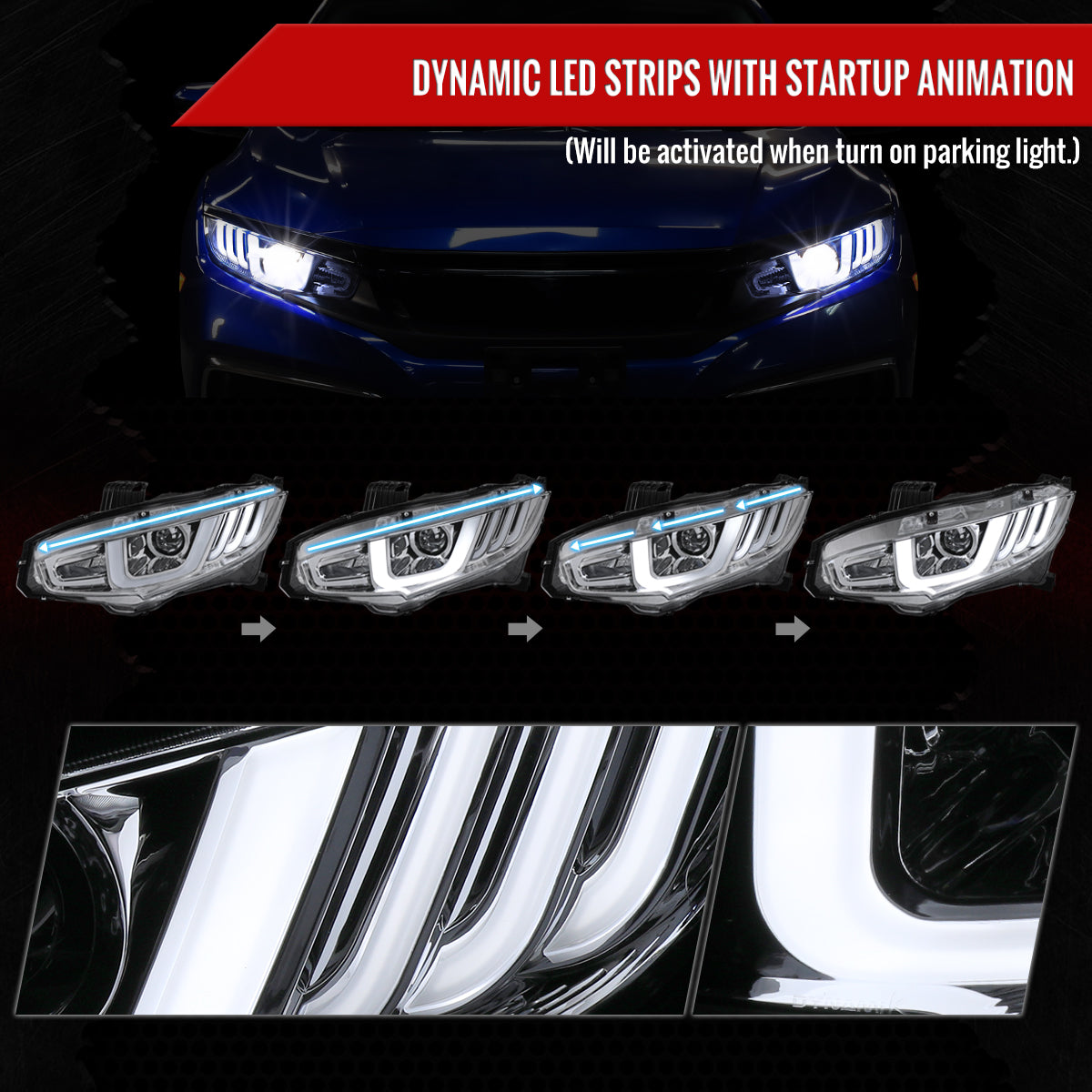 2016-2021 Honda Civic Full LED Projector Headlights w/ Switchback Sequential Turn Signal (Chrome Housing/Clear Lens)