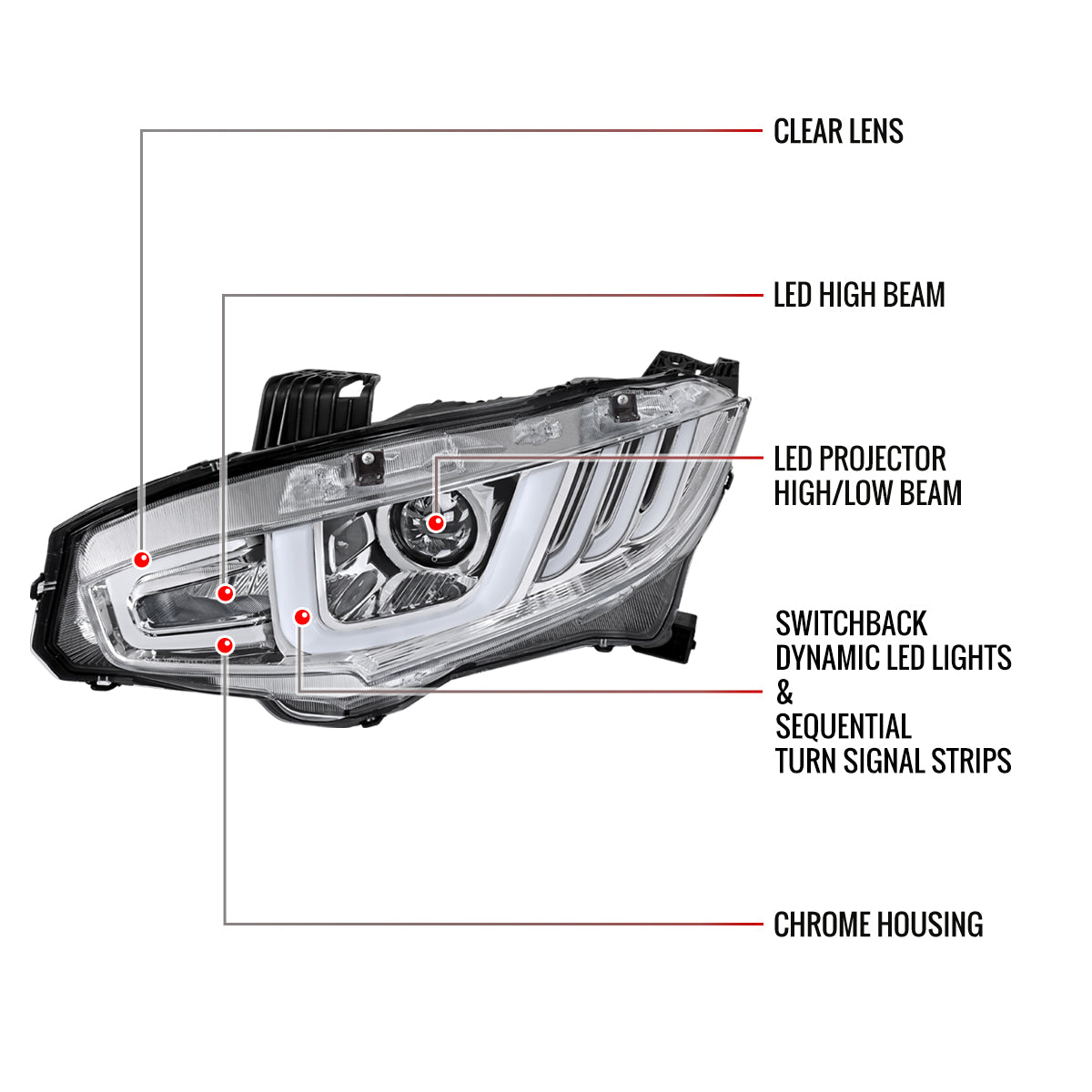 2016-2021 Honda Civic Full LED Projector Headlights w/ Switchback Sequential Turn Signal (Chrome Housing/Clear Lens)