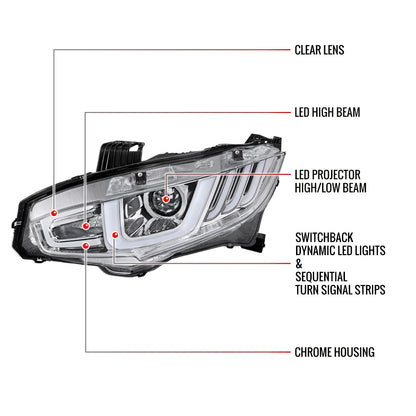2016-2021 Honda Civic Full LED Projector Headlights w/ Switchback Sequential Turn Signal (Chrome Housing/Clear Lens)