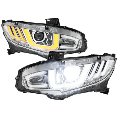 2016-2021 Honda Civic Full LED Projector Headlights w/ Switchback Sequential Turn Signal (Chrome Housing/Clear Lens)