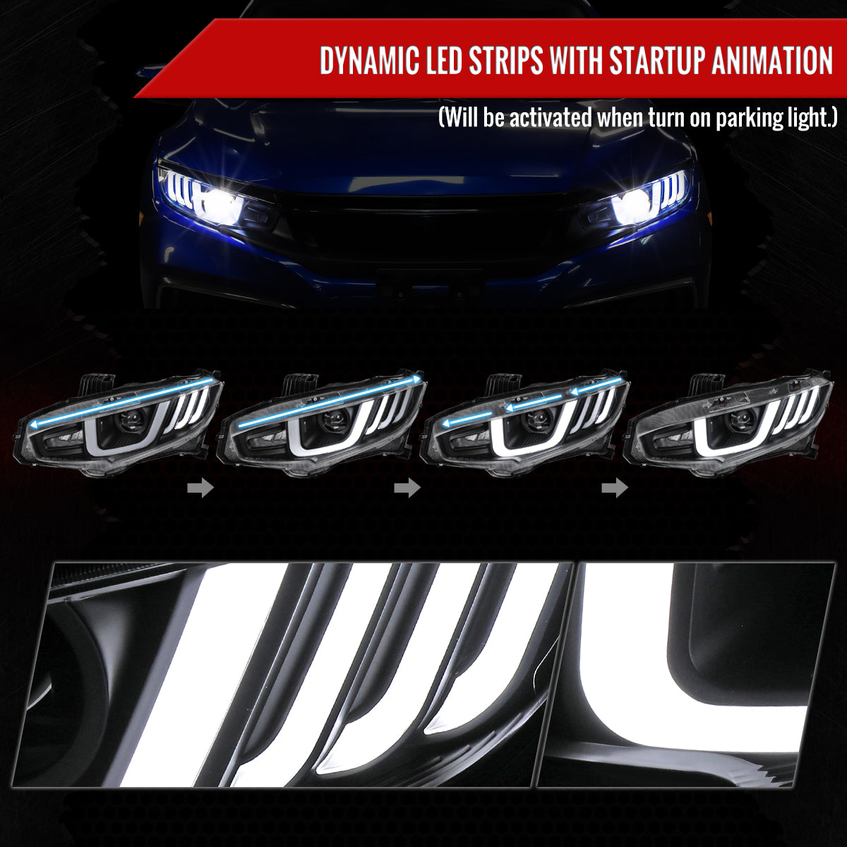 2016-2021 Honda Civic Full LED Projector Headlights w/ Switchback Sequential Turn Signal (Matte Black Housing/Clear Lens)