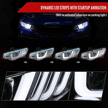 2016-2021 Honda Civic LED Headlights w/ LED Switchback Sequential Turn Signal (Chrome Housing/Clear Lens)