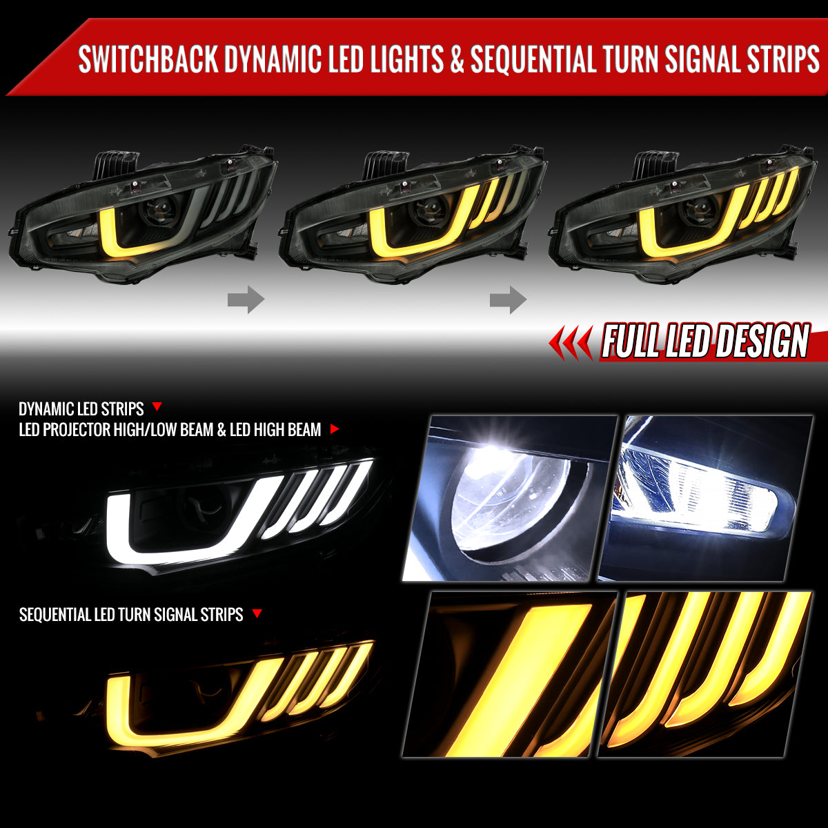 2016-2021 Honda Civic LED Headlights w/ LED Switchback Sequential Turn Signal (Matte Black Housing/Smoked Lens)