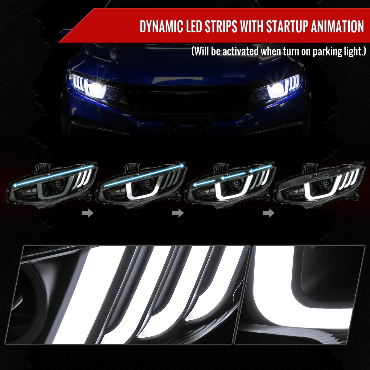 2016-2021 Honda Civic LED Headlights w/ LED Switchback Sequential Turn Signal (Matte Black Housing/Smoked Lens)