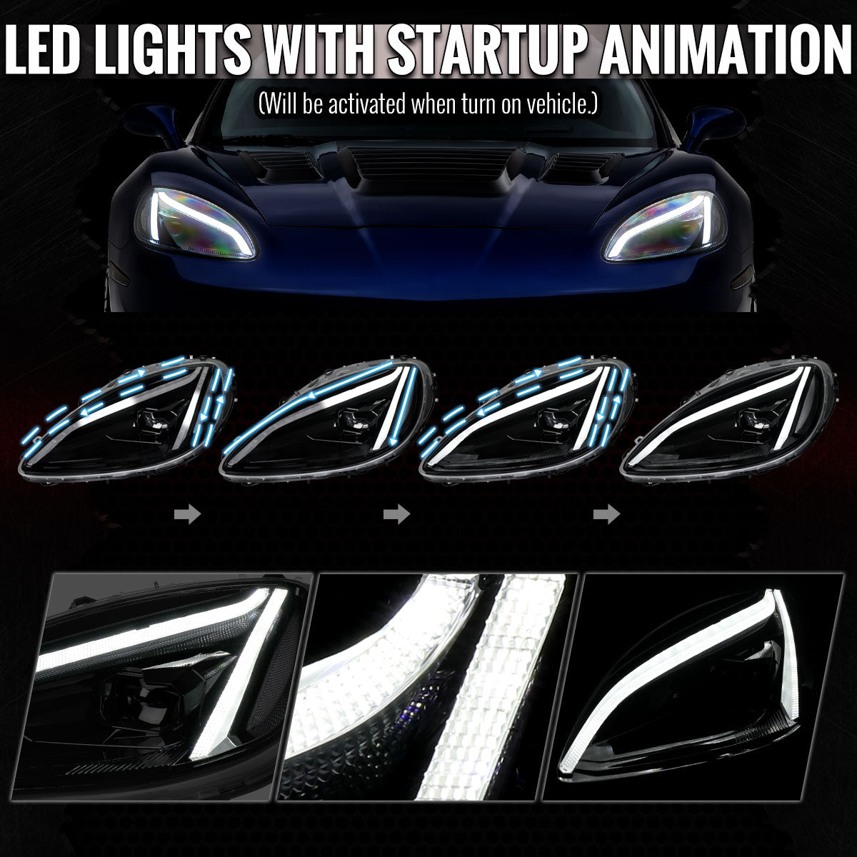 2005-2013 Corvette C6 C8-Style LED Headlights - Matte Black/Clear - view 3