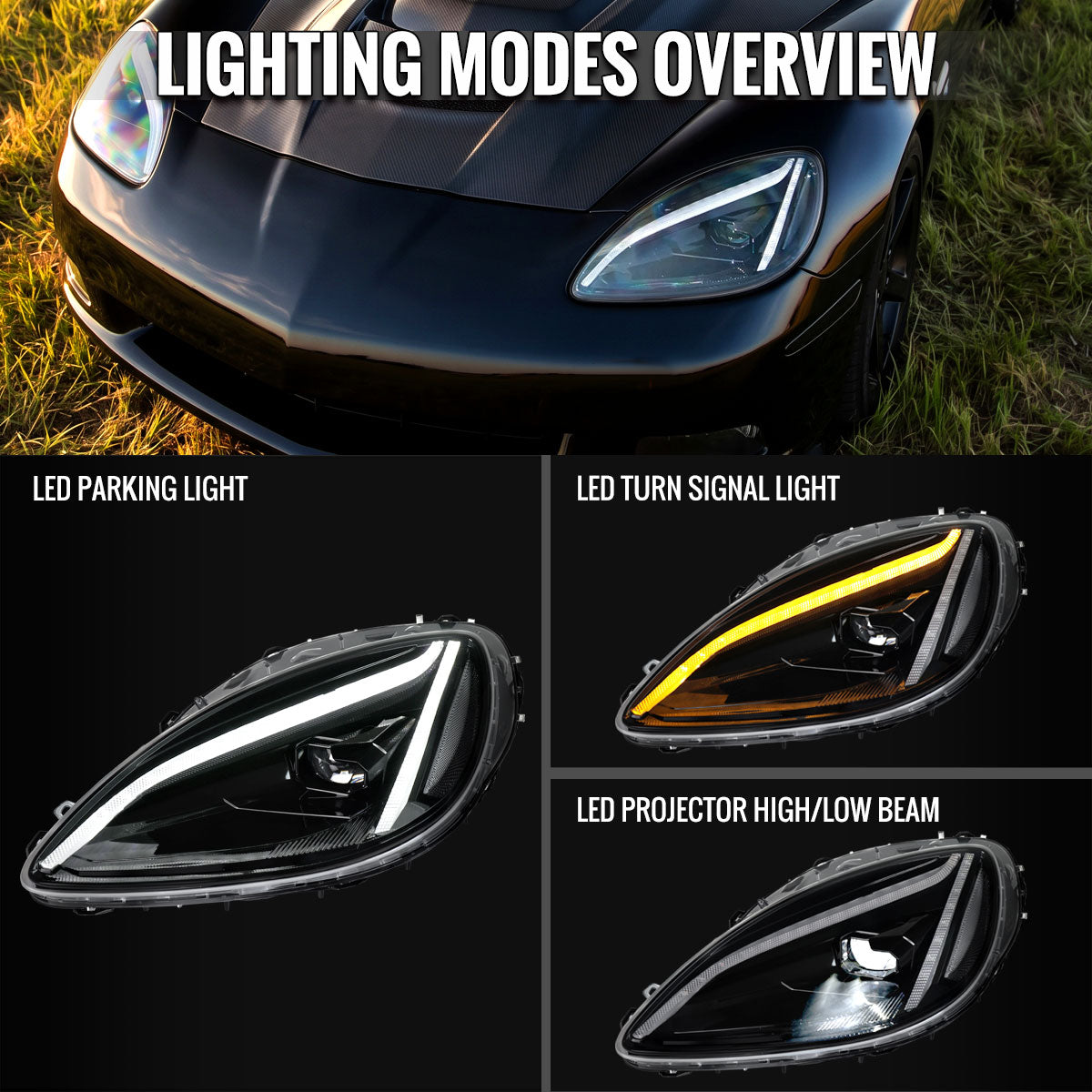 2005-2013 Corvette C6 C8-Style LED Headlights - Matte Black/Clear - view 6