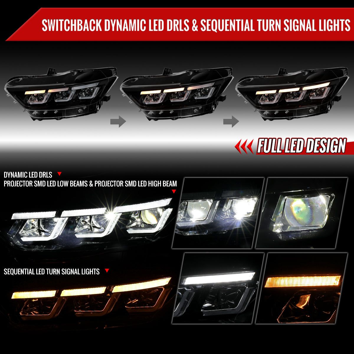 2015??2017 Ford Mustang Full LED Projector Headlights Switchback Sequential with Start-Up Animation (Glossy Black Housing / Clear Lens)