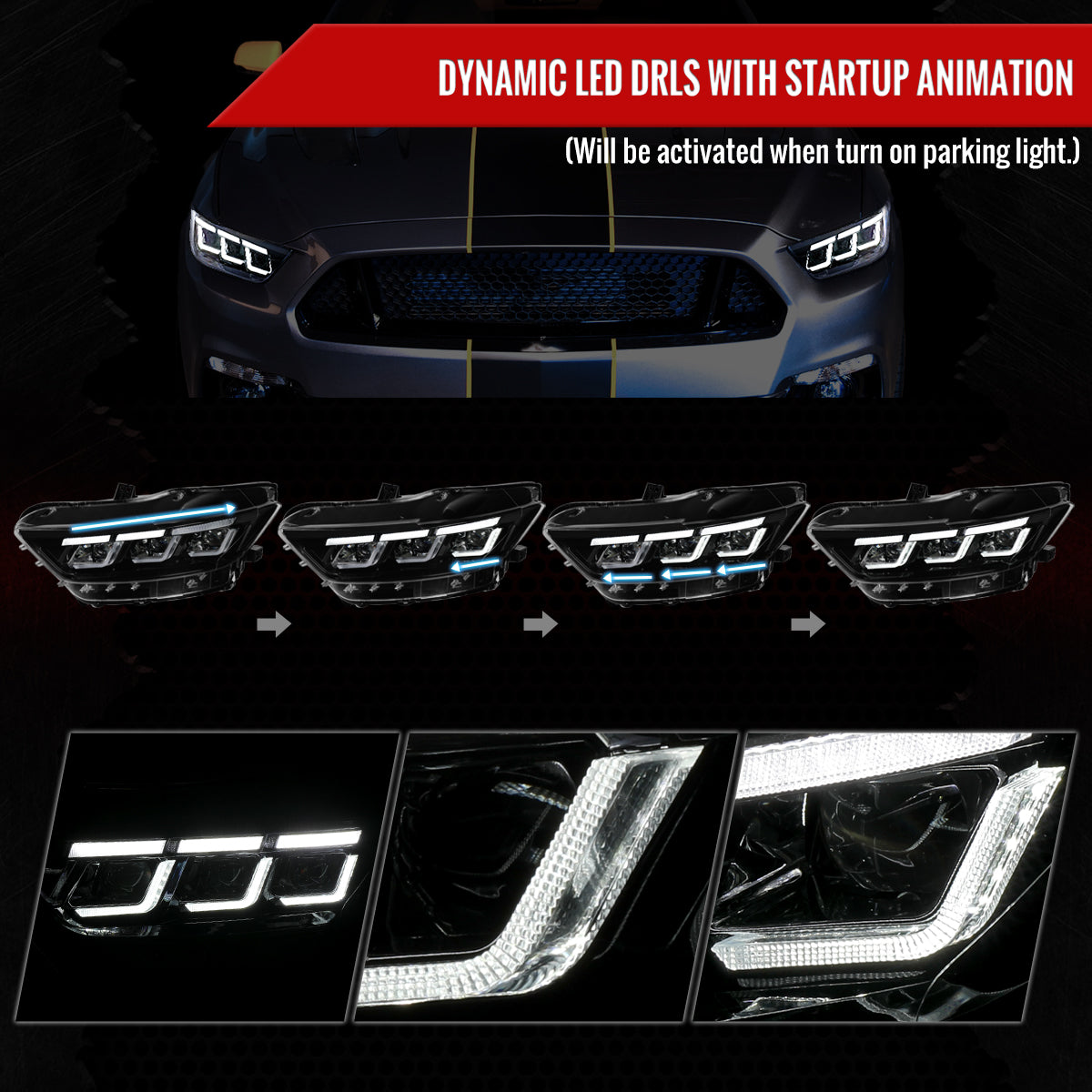2015??2017 Ford Mustang Full LED Projector Headlights Switchback Sequential with Start-Up Animation (Glossy Black Housing / Clear Lens)