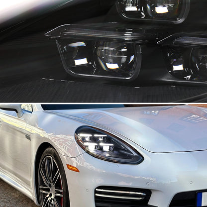 2014-2016 Porsche Panamera 970.2 Matrix Style LED Projector Headlights w/ DRL for non-Factory HID  (Matte Black Housing / Glossy Black Accents / Clear Lens)