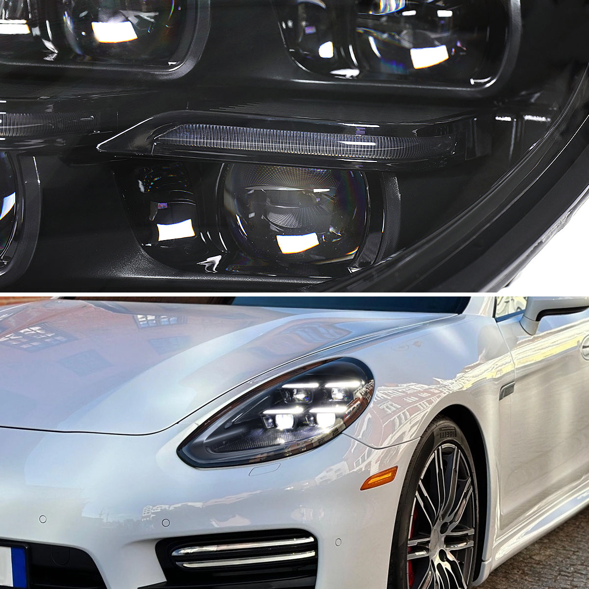 2014-2016 Porsche Panamera 970.2 Matrix Style LED Projector Headlights w/ DRL for non-Factory HID  (Matte Black Housing / Glossy Black Accents / Clear Lens)