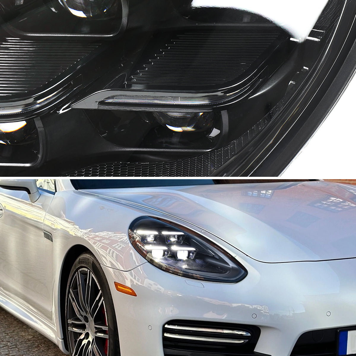 2014-2016 Porsche Panamera 970.2 Matrix Style LED Projector Headlights w/ DRL for non-Factory HID  (Matte Black Housing / Glossy Black Accents / Clear Lens)