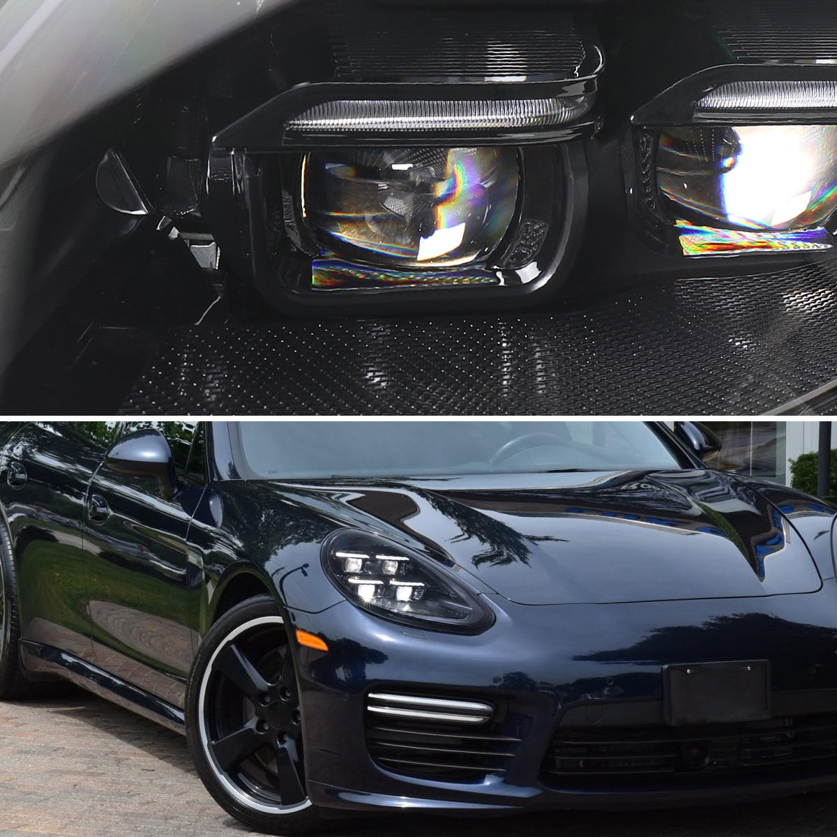 2014-2016 Porsche Panamera 970.2 Matrix Style LED Projector Headlights w/ DRL for Factory HID  (Matte Black Housing / Glossy Black Accents / Clear Lens)