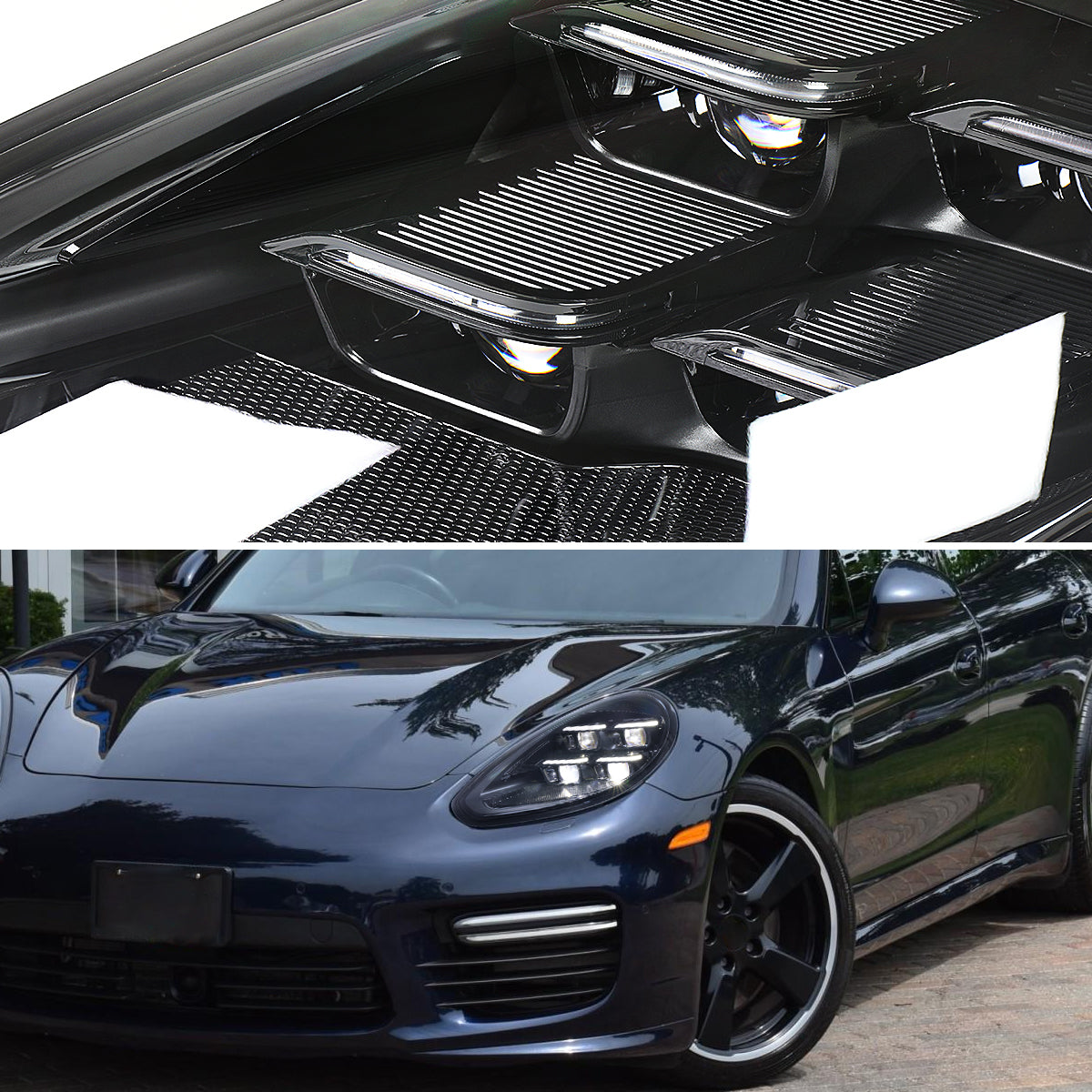 2014-2016 Porsche Panamera 970.2 Matrix Style LED Projector Headlights w/ DRL for Factory HID  (Matte Black Housing / Glossy Black Accents / Clear Lens)