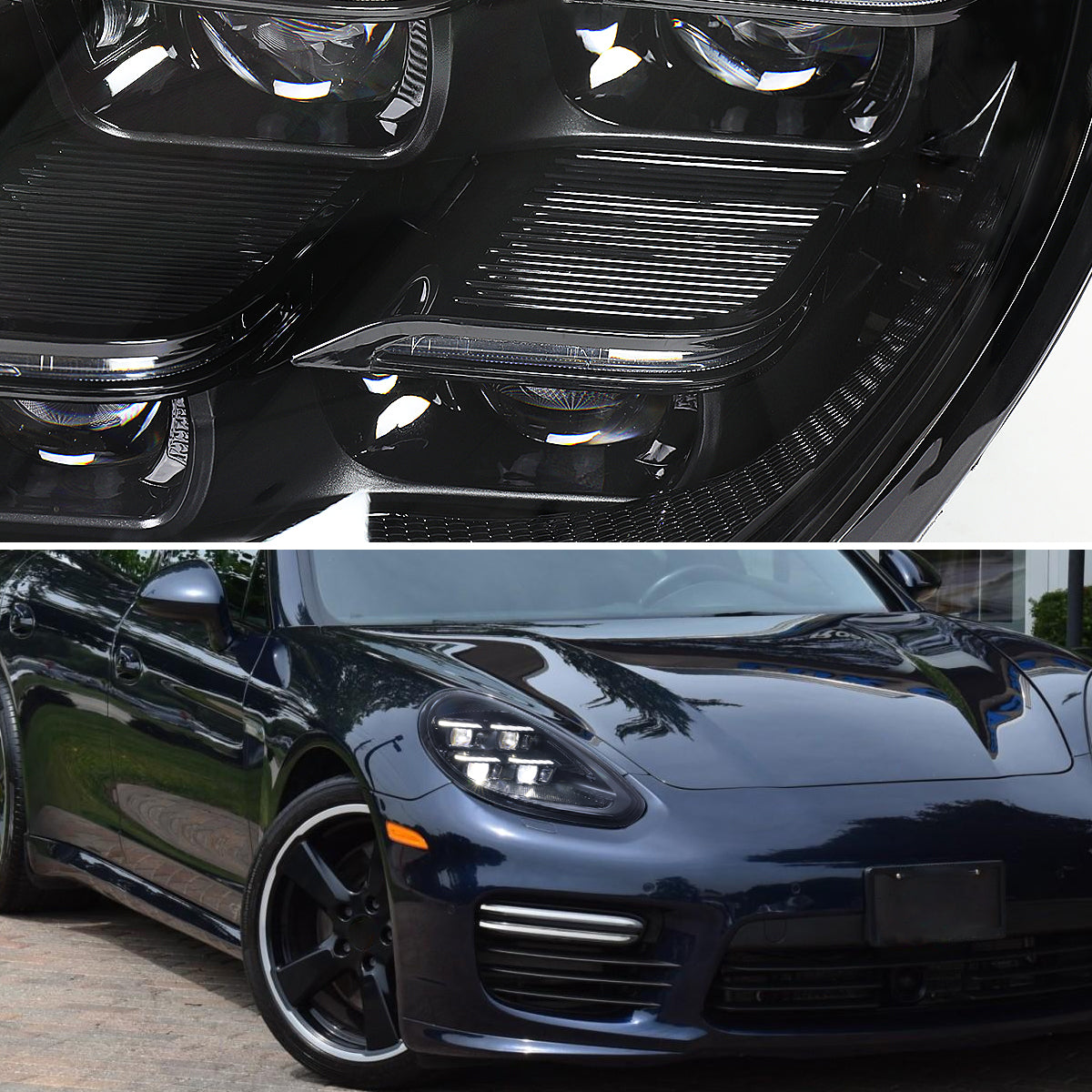 2014-2016 Porsche Panamera 970.2 Matrix Style LED Projector Headlights w/ DRL for Factory HID  (Matte Black Housing / Glossy Black Accents / Clear Lens)