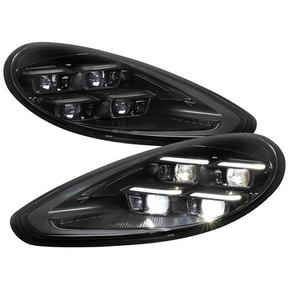 2014-2016 Porsche Panamera 970.2 Matrix Style LED Projector Headlights w/ DRL for Factory HID  (Matte Black Housing / Glossy Black Accents / Clear Lens)