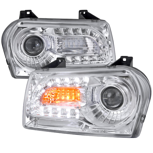 2005-2010 Chrysler 300 Base/LX/Touring Projector Headlights w/ LED Light Strip & LED Turn Signal Lights (Chrome Housing/Clear Lens)