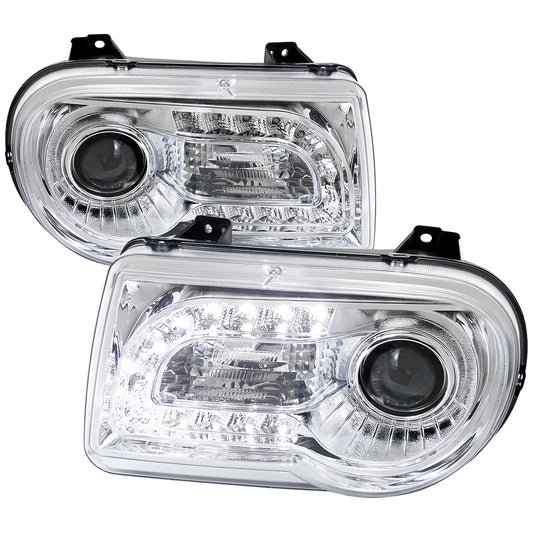 2005-2010 Chrysler 300 Projector Headlights w/ LED Light Strip (Chrome Housing/Clear Lens)