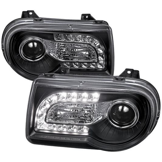 2005-2010 Chrysler 300 Projector Headlights w/ LED Light Strip (Matte Black Housing/Clear Lens)
