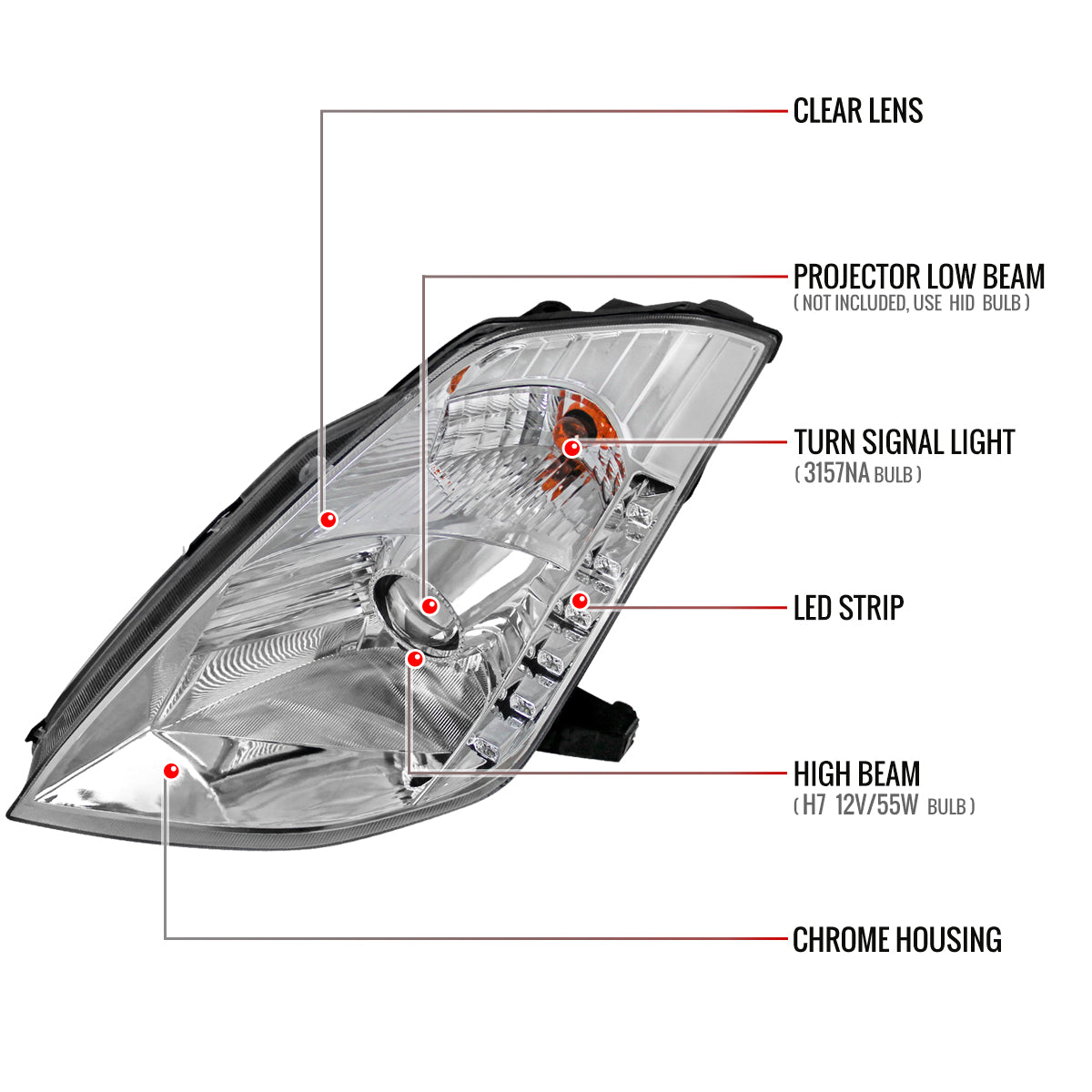 2003-2005 Nissan 350Z Projector Headlights w/ SMD LED Light Strip (Chrome Housing/Clear Lens)